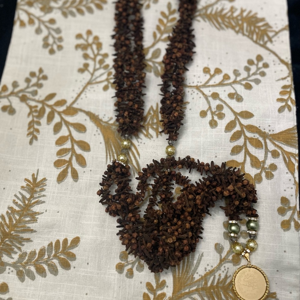 Handmade Boho Clove  seeds Long multi strand  necklace with 24k plated pendant